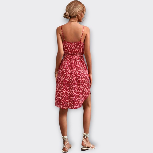 Red White Floral V-Neck Tie Waist Cami Mini Dress Retro Boho Chic Vacation S - Picture 3 of 12